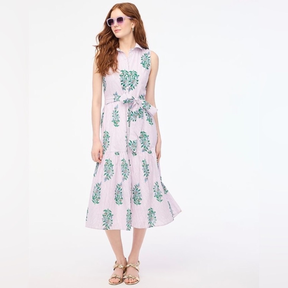 J. Crew Factory Pink Stripe Midi Dress with Green Leaf Print